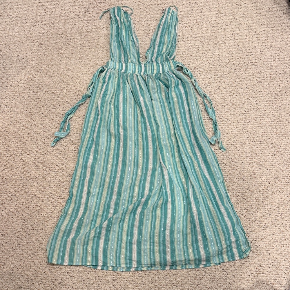 America & Beyond Teal & White Striped Beach / Pool Cover Up Dress Medium C11-081